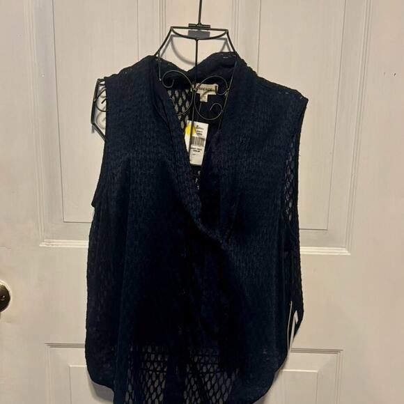 L'Agence Womens Navy Blue Tie Neck Lace V Neck Sleeveless Sheer Blouse L - Picture 7 of 8